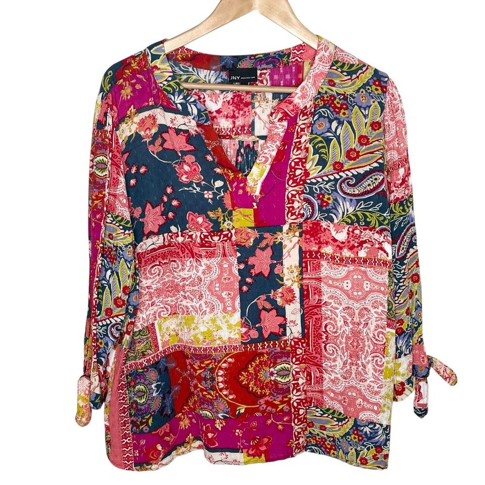 Patchwork Print Paisley Floral Top Womens 1X Colorful Boho Festival Tropical